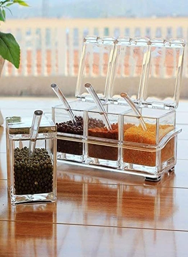 Fresh creation Crystal Plastic Seasoning Acrylic Spice Rack, 4 Pieces Box with 4 Spoons, Kitchen Ware, Masala Container., Clear - Image 3
